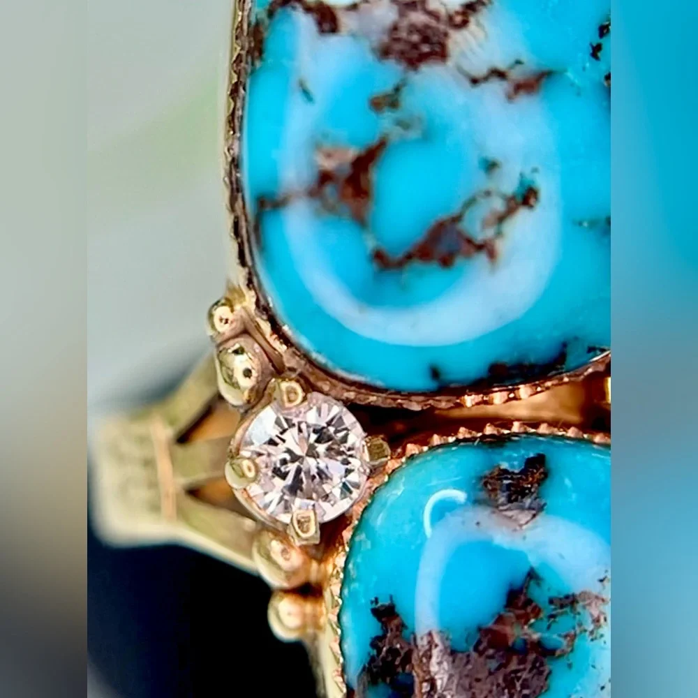 Vintage 14k Yellow Gold Turquoise Diamond Ring - Picture 13 of 15
